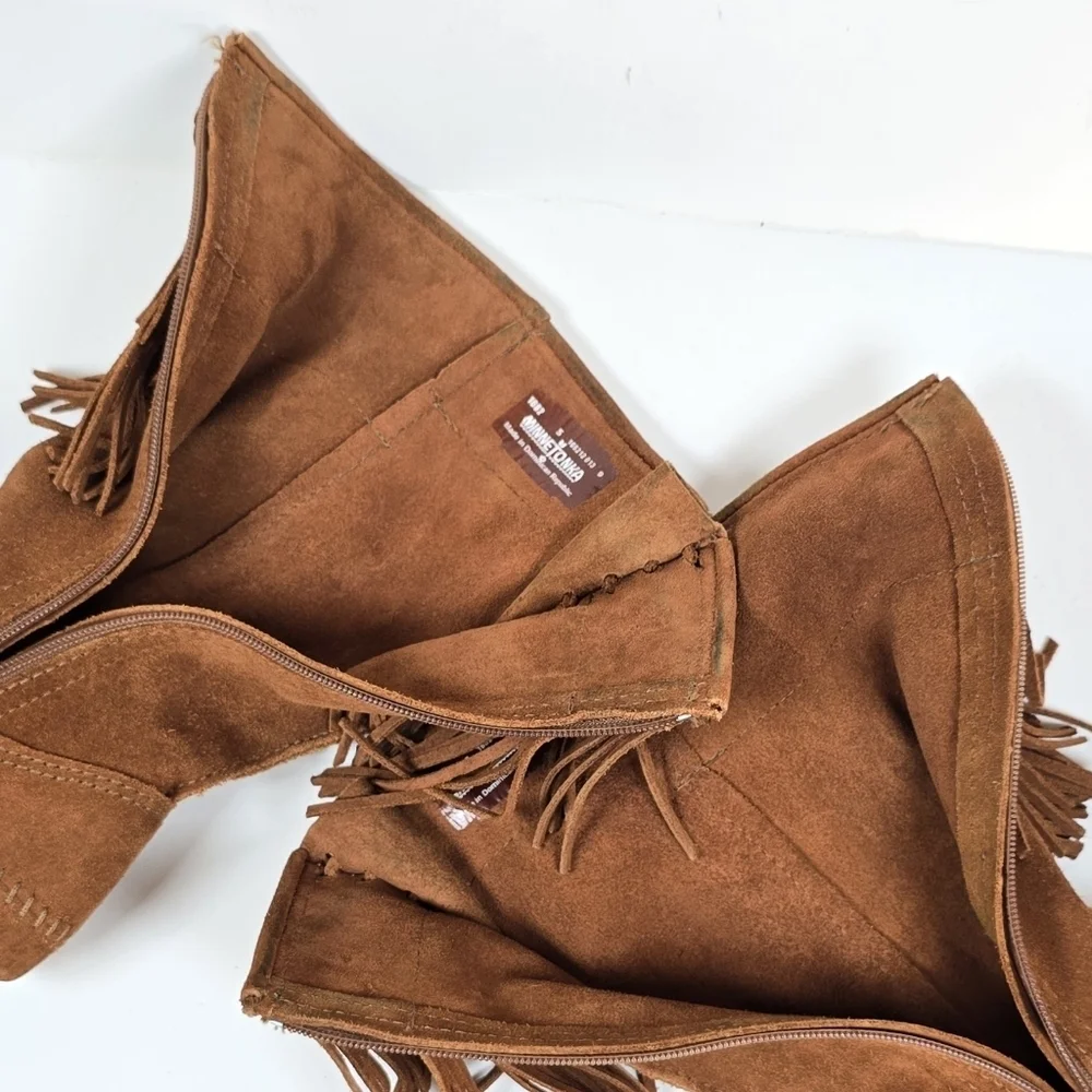 Minnetonka Double Fringe Suede Moccasin Indie Boho Boots Brown Size 5